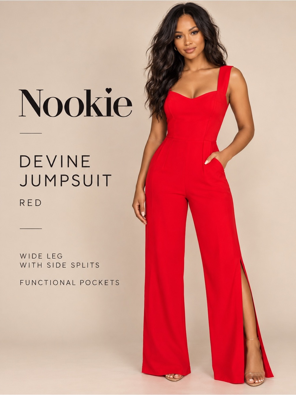 Nookie Devine Jumpsuit Red Size S Wide Leg Side Slit